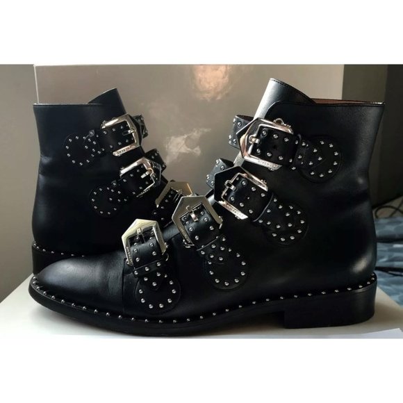 Givenchy Shoes - Givenchy Prue Black Leather Studded Buckle Flat Ankle Boots Size 38 1/2
